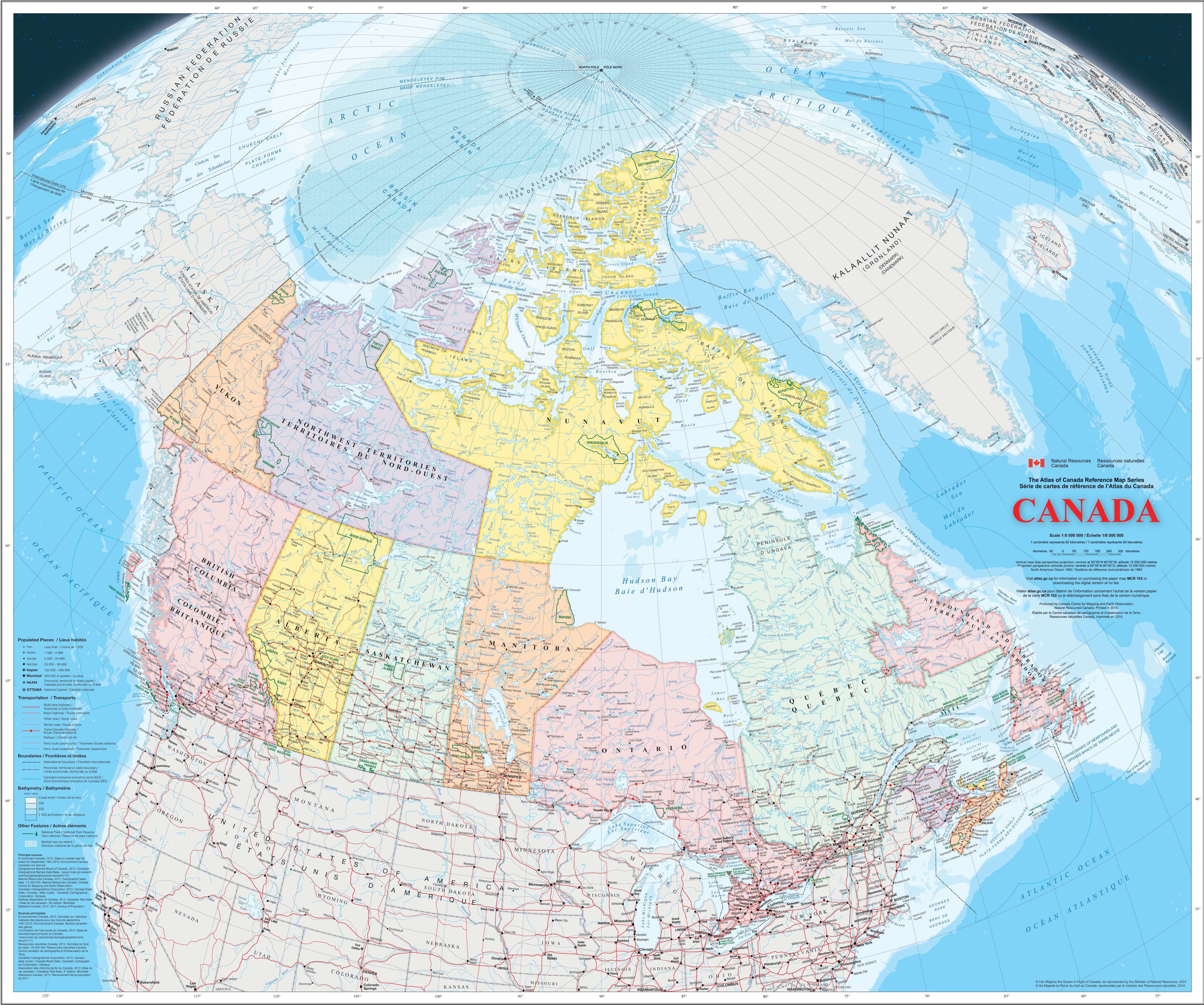 Carte routière du Canada avec provinces, grands axes du sud et Grand Nord arctique