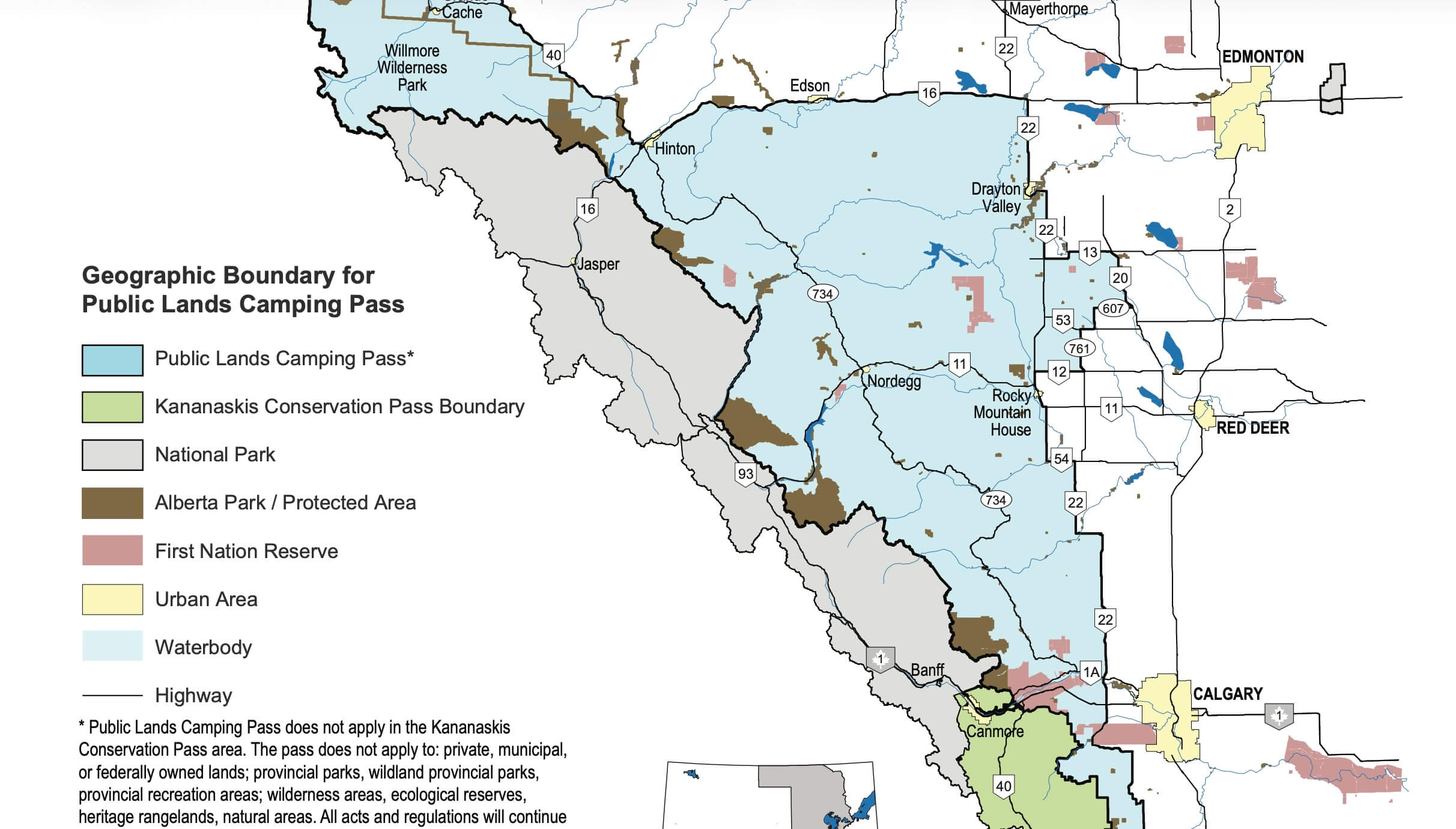Carte des zones de l&rsquo;Alberta soumises au Public Lands Camping Pass