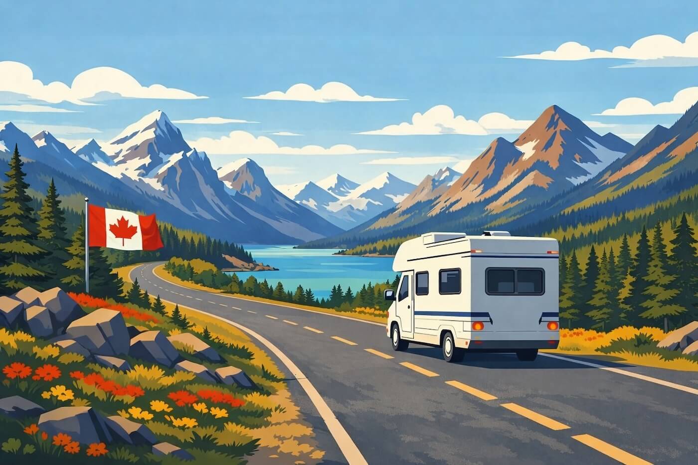 camping-car sur une route de montagne au Canada près d’un lac