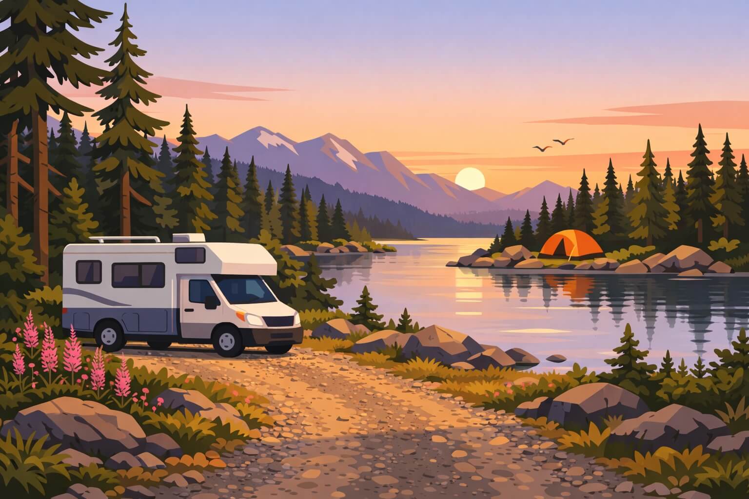 Camping sauvage au Canada avec camping-car et tente au bord d’un lac