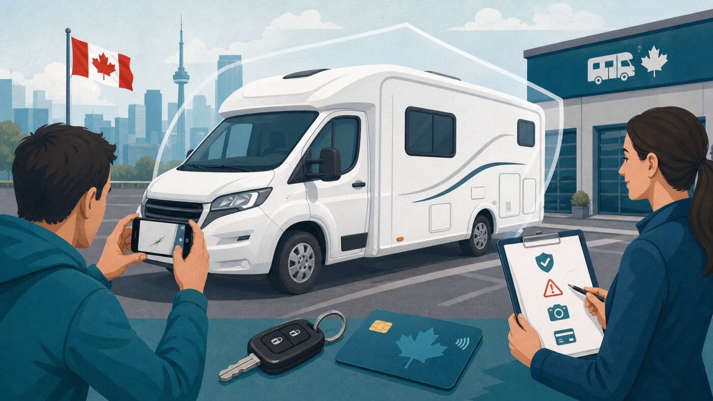 Voyageur photographiant un camping-car pendant l’état des lieux avec une employée de l’agence de location au Canada