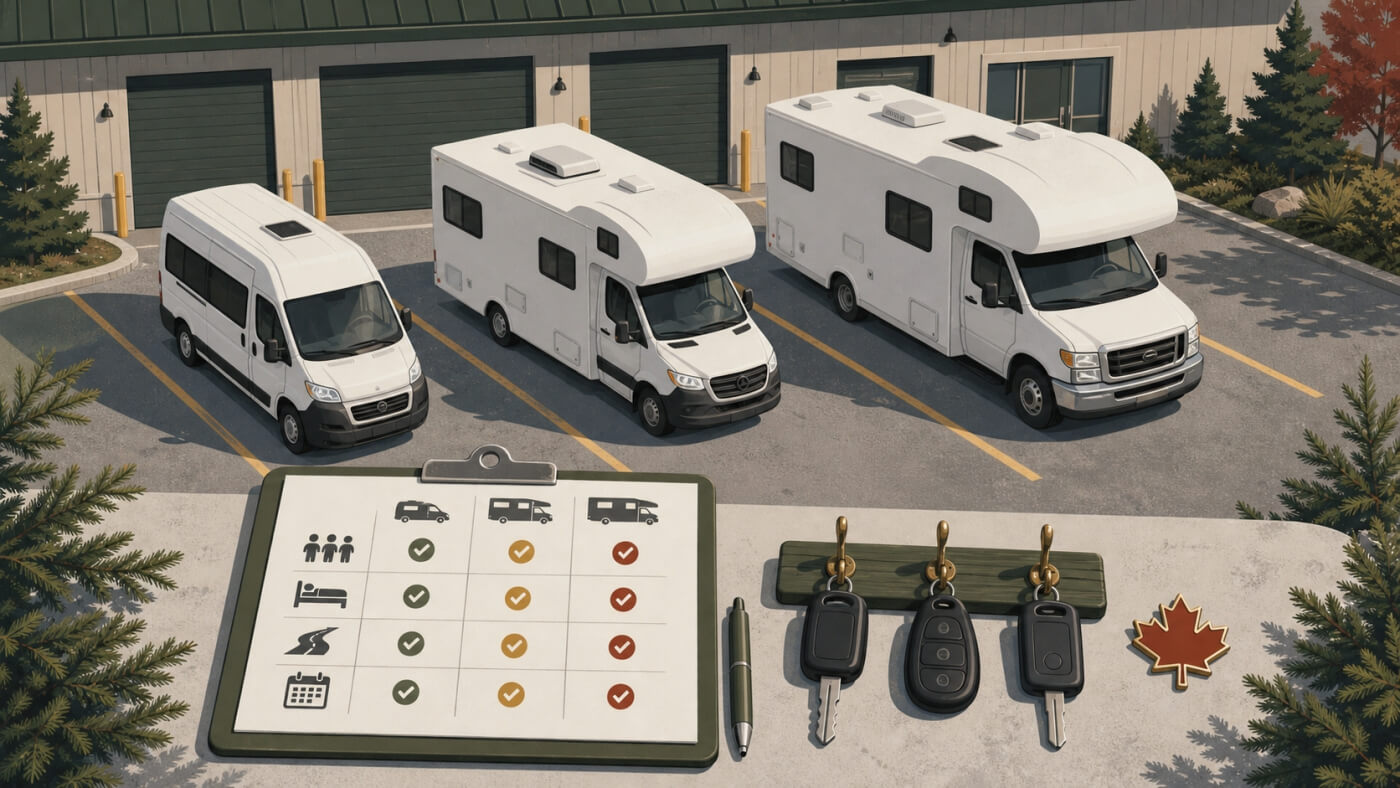 Van et camping-cars de plusieurs tailles alignés devant un dépôt de location au Canada avec une grille comparative