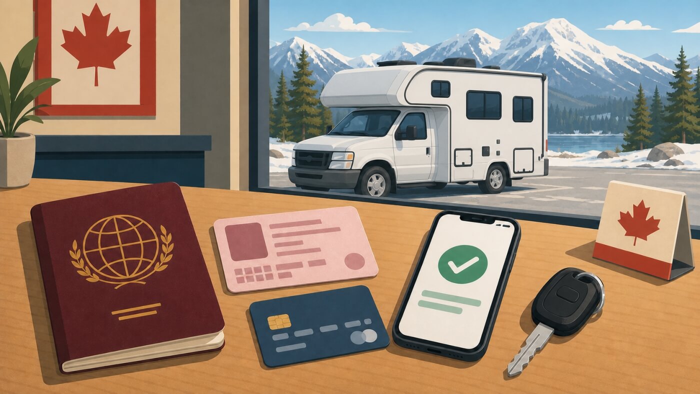 Passeport, permis de conduire, carte bancaire, téléphone et clés préparés pour louer un camping-car au Canada