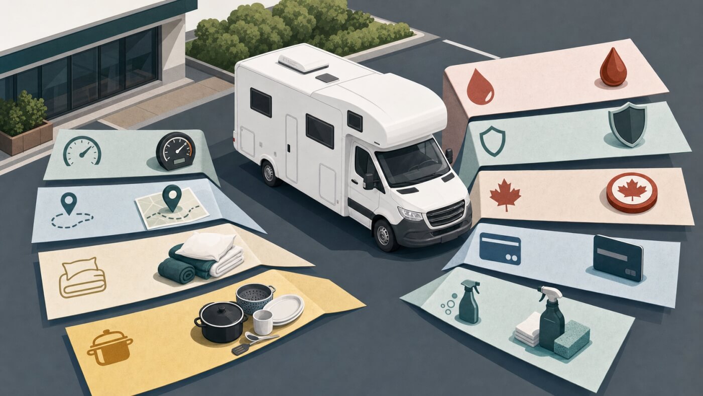Camping-car entouré des principaux frais de location au Canada : kilométrage, carburant, assurance, équipement et paiement