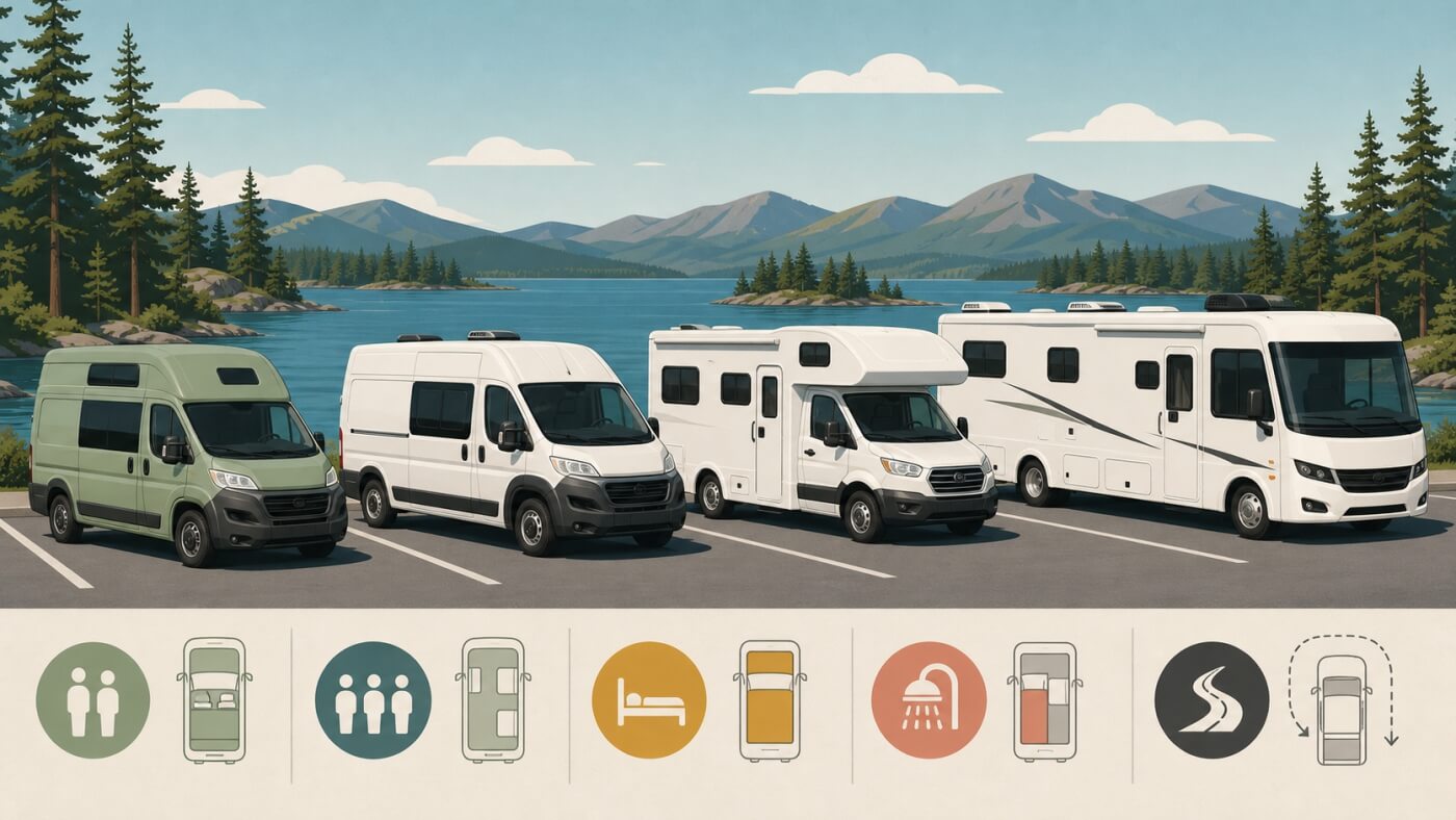 Van compact, van aménagé, camping-car à capucine et Class A alignés au bord d’un lac canadien