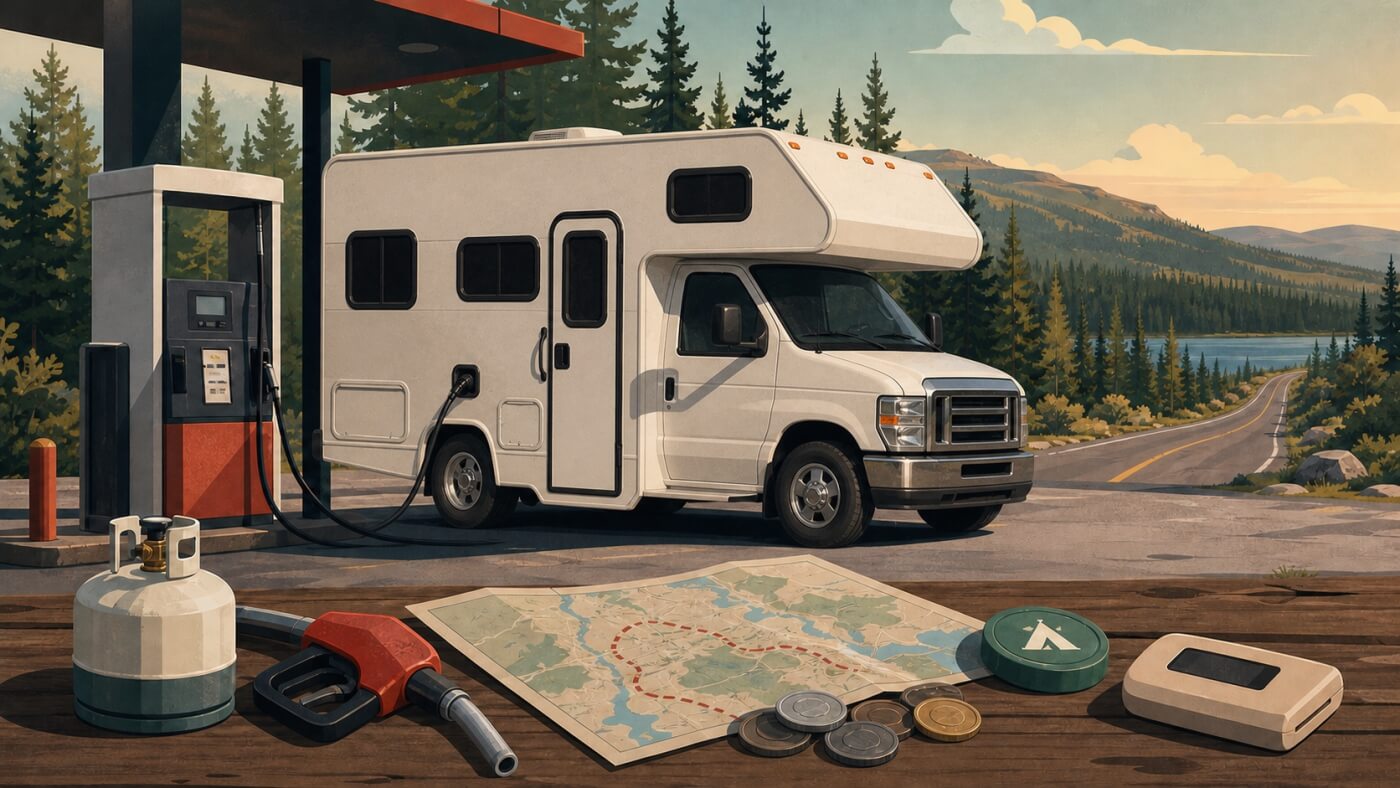 Camping-car faisant le plein dans une station-service canadienne, avec carte routière, pièces et bouteille de propane au premier plan