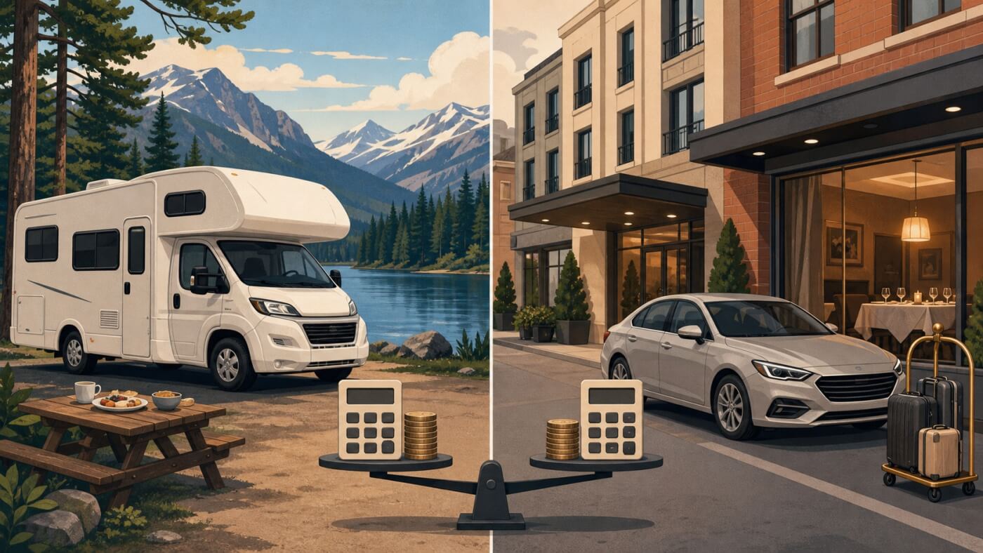 Camping-car au bord d’un lac comparé à une voiture devant un hôtel, avec une balance et deux calculateurs de coûts au premier plan