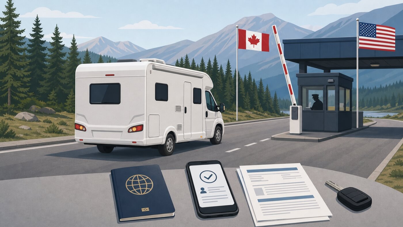 Camping-car approchant un poste-frontière entre le Canada et les États-Unis, avec passeport et documents de voyage