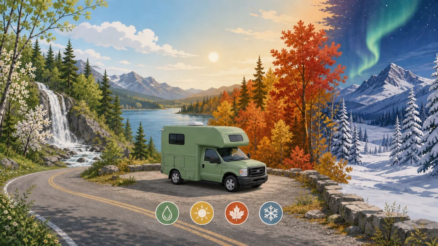 Camping-car au centre d’un paysage canadien passant du printemps à l’été, à l’automne et à l’hiver