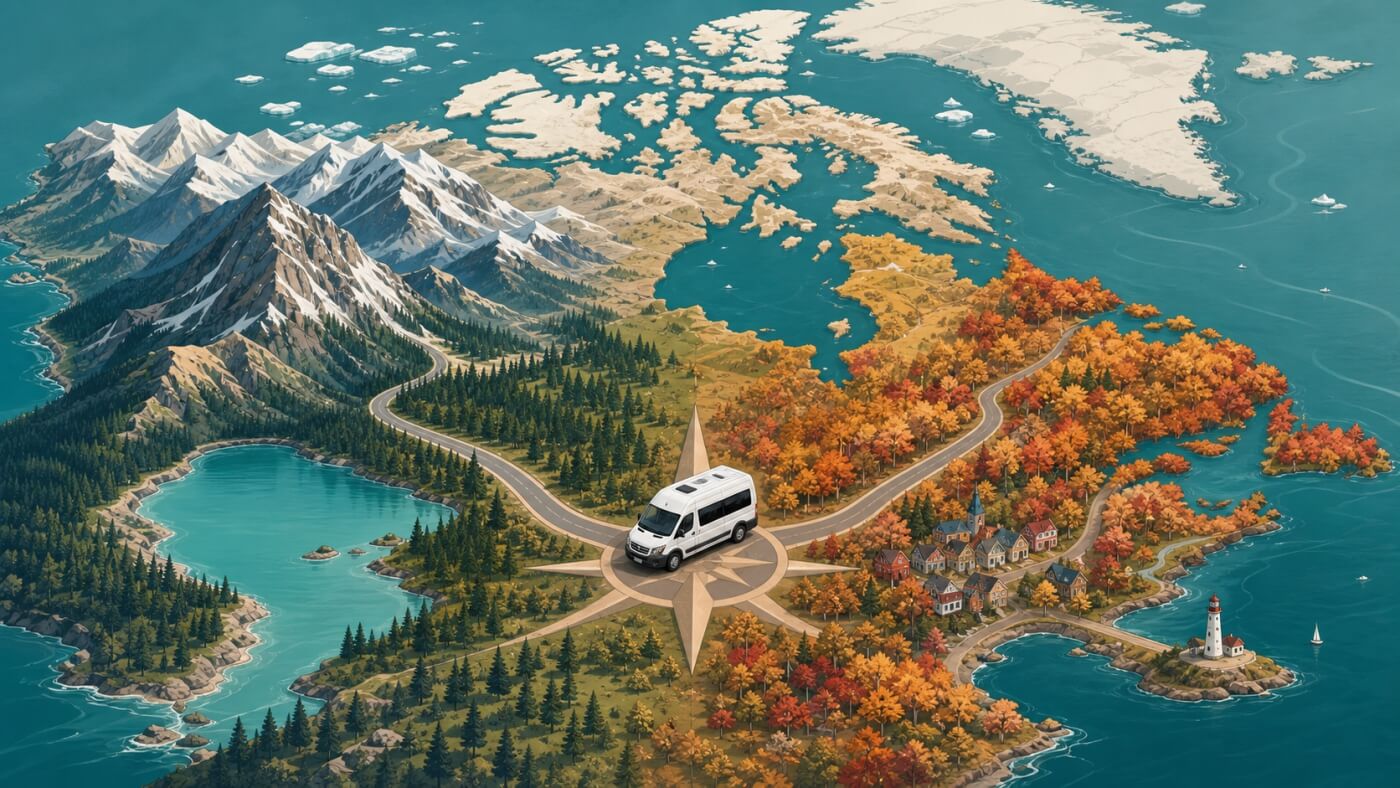 Van placé entre les Rocheuses de l’Ouest et les paysages d’automne de l’Est sur une carte illustrée du Canada