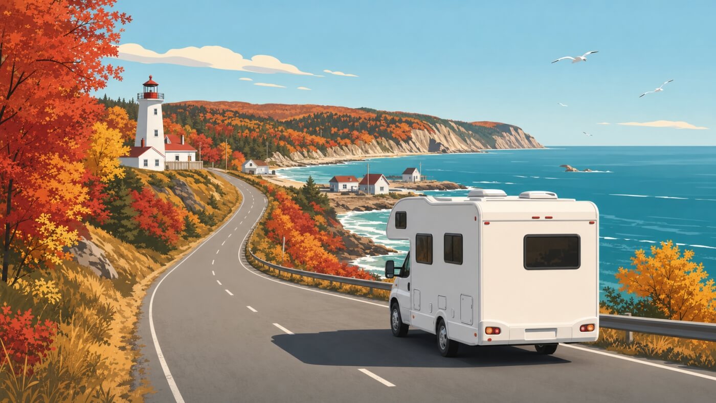 Camping-car longeant la côte gaspésienne en automne sur une route bordée d’un phare et de forêts colorées