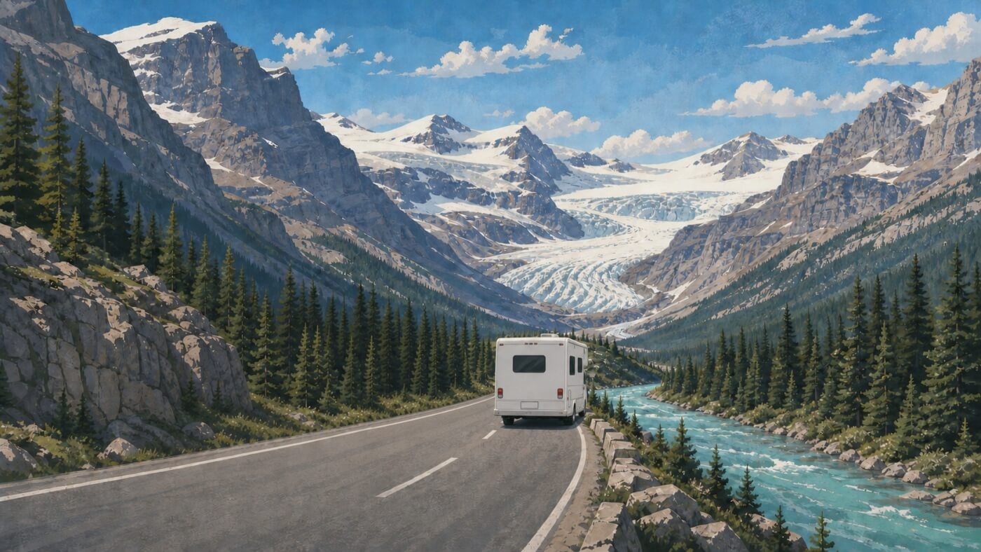 Camping-car roulant dans les Rocheuses canadiennes face à un glacier et le long d’une rivière turquoise
