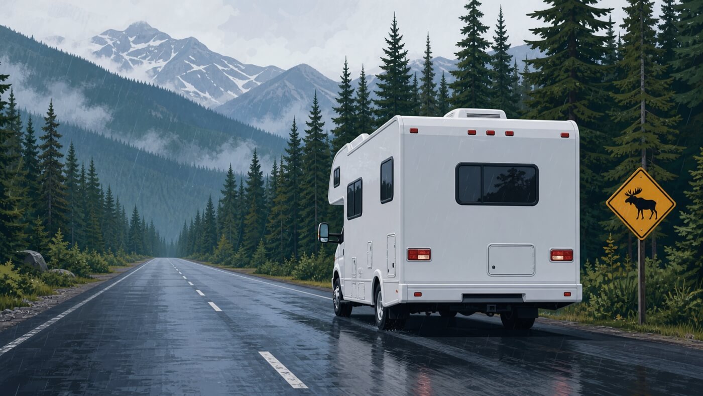 Camping-car roulant sous la pluie sur une route des Rocheuses canadiennes signalée par un panneau d’orignal