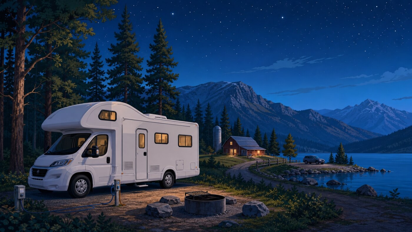 Camping-car branché sur un emplacement au bord d’un lac canadien sous un ciel étoilé