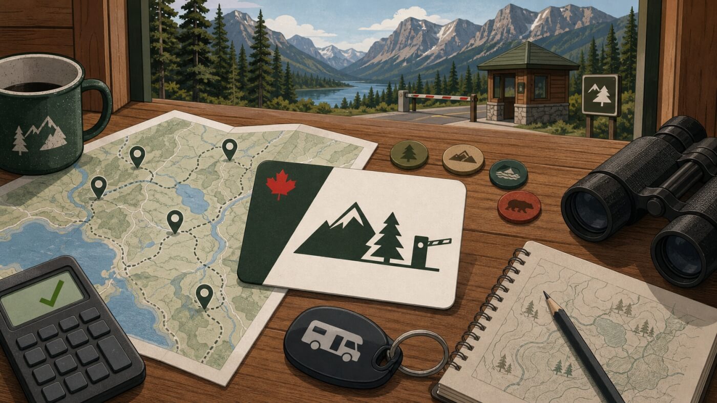 Discovery Pass posé sur une carte des parcs canadiens avec jumelles, calculatrice et clés de camping-car