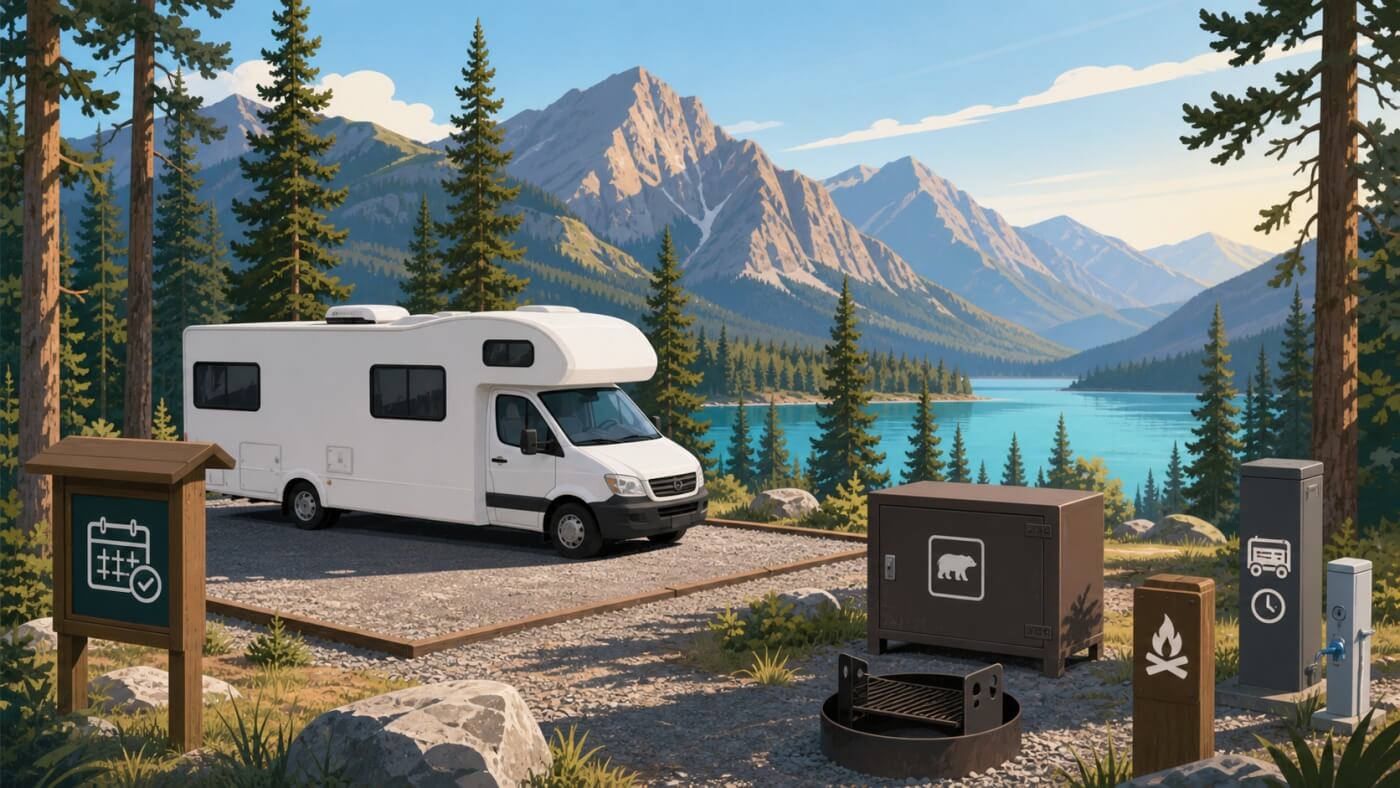 Camping-car sur un emplacement aménagé dans un parc canadien avec borne d’eau, foyer et casier anti-ours face aux montagnes