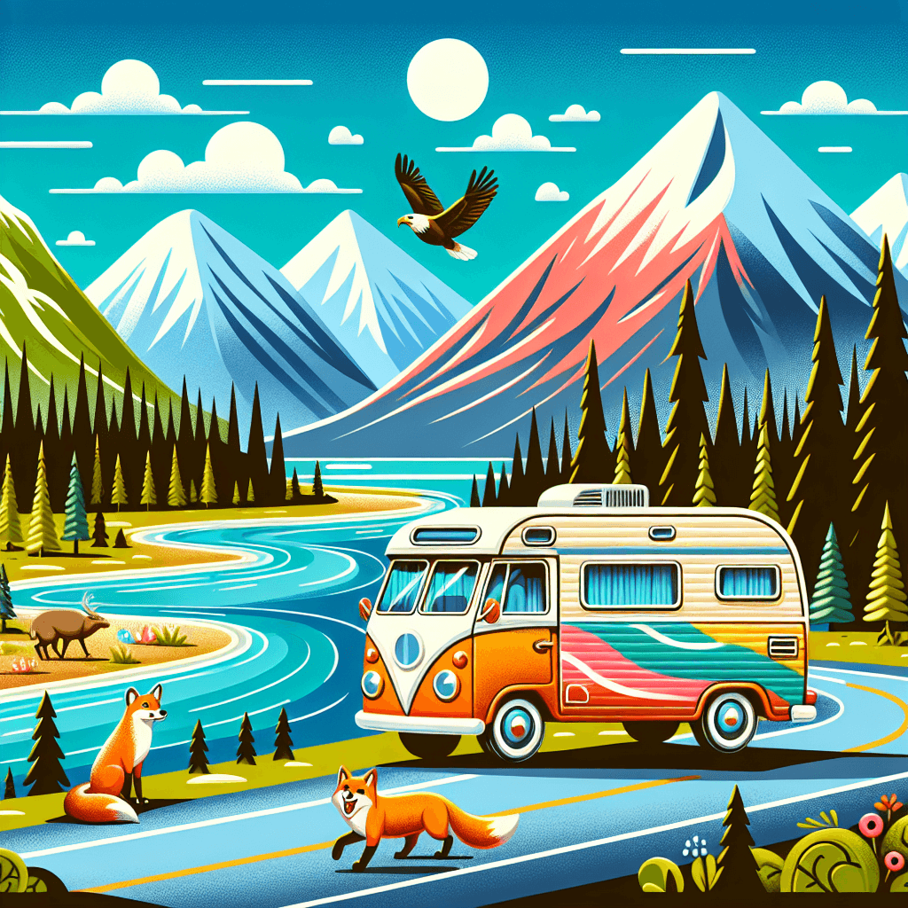 camping car colorée entourée de montagnes, forêt, rivière, zorro, águila