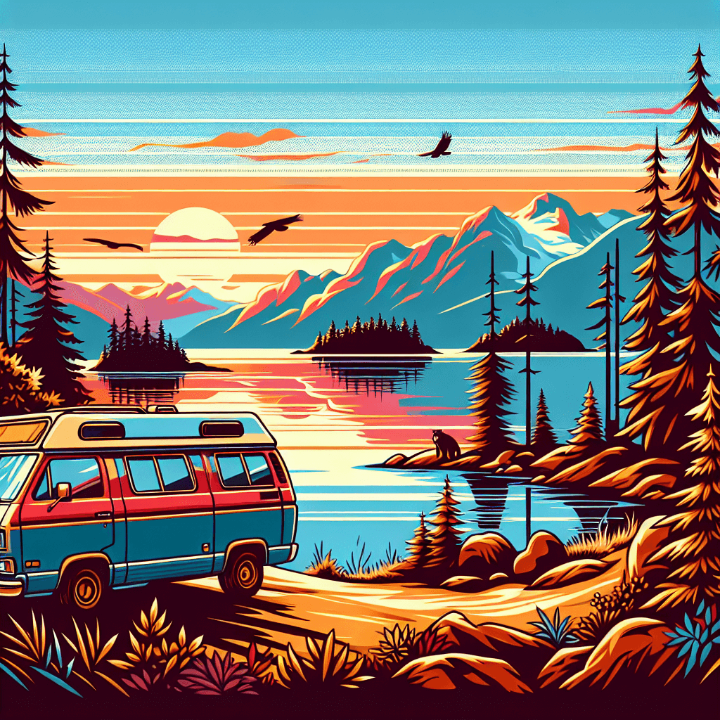 camping car à Vancouver, colorée face à l'océan, îles et montagnes autour