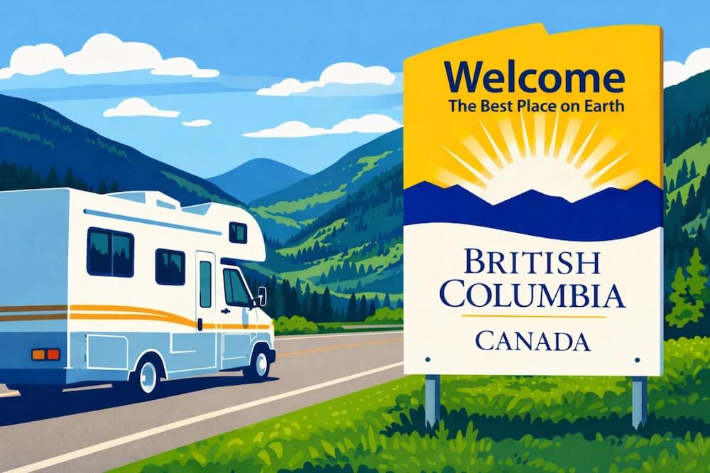 Panneau « Welcome to British Columbia » au bord de la route.
