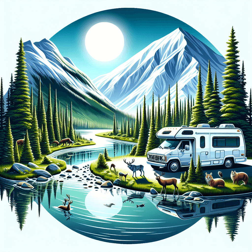 camping-car, montagnes enneigées, forêt dense, animaux sauvages, rivière scintillante