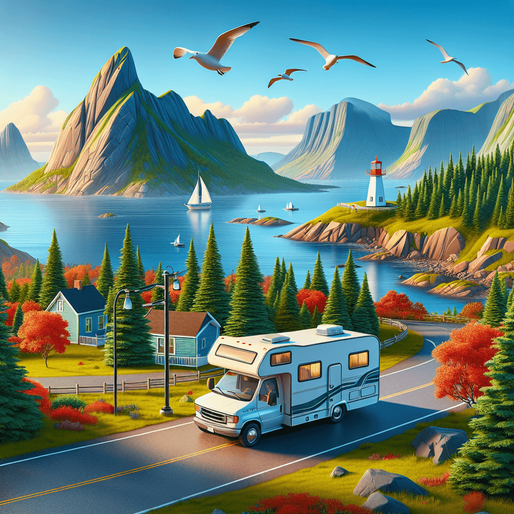 camping car devant, paysage d'automne, côte et phare derrière
