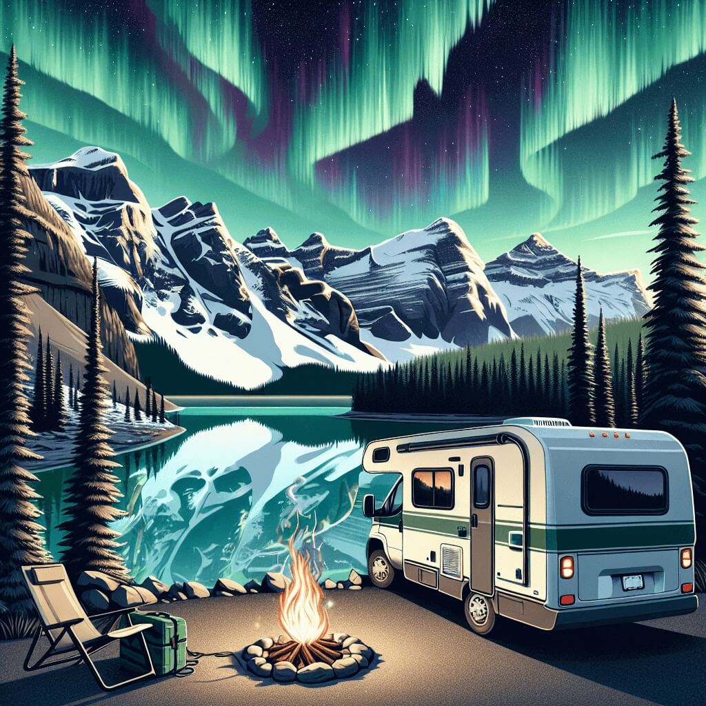 Camping-car de location au Canada, près d'un lac avec montagnes et aurore boréale