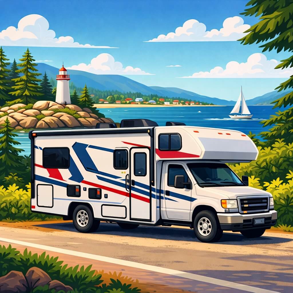 Camping-car sur une route côtière en Nouvelle-Écosse