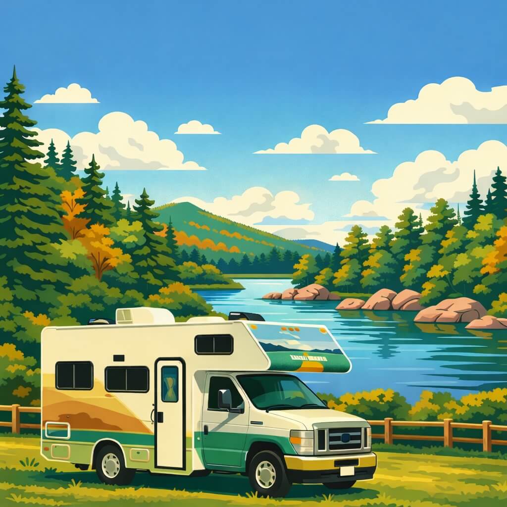 Camping-car au bord d’un lac à Kejimkujik, Nouvelle-Écosse, paysage de forêt et ciel bleu