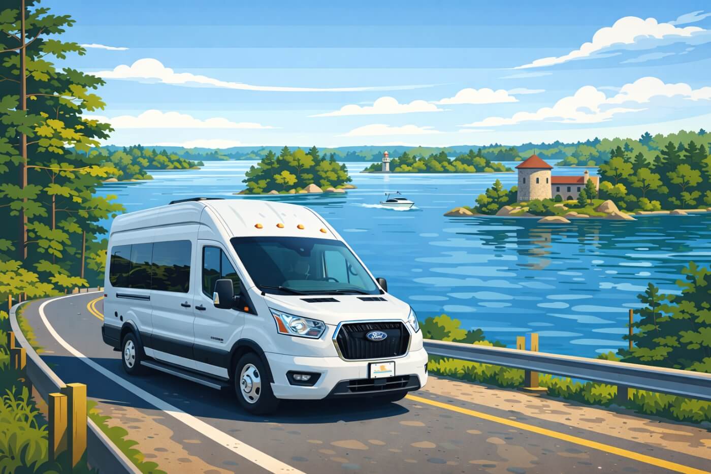 Van sur une route panoramique le long du Saint-Laurent vers les Mille-Îles, près de Kingston.