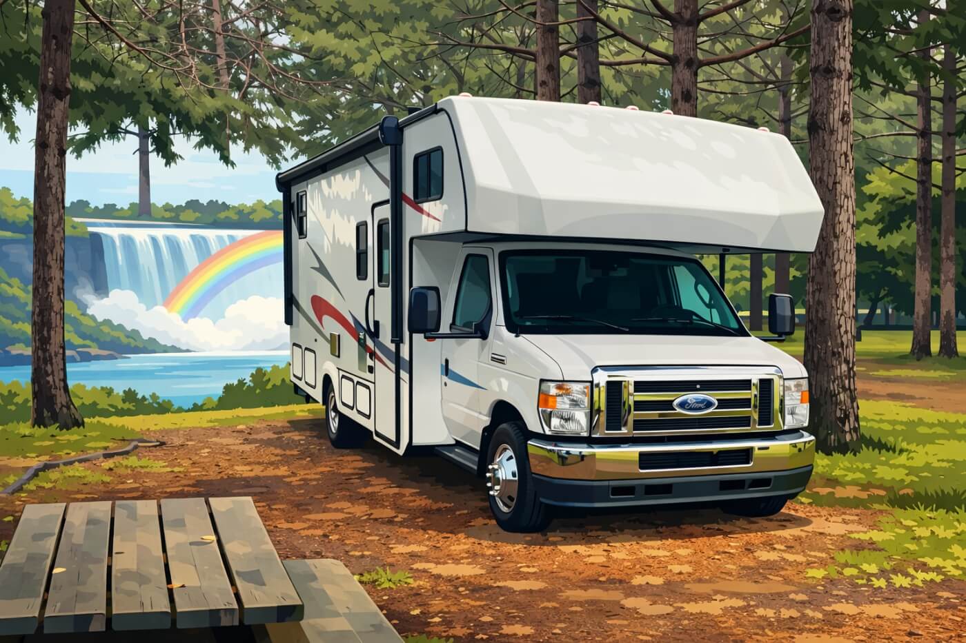 Camping-car devant les chutes du Niagara, idéal pour une boucle de 4 à 6 jours depuis Toronto.