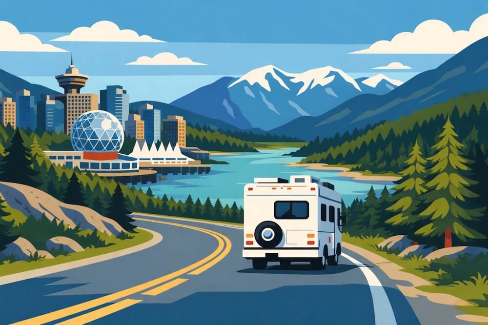 Camping-car revenant à Vancouver par la route panoramique.